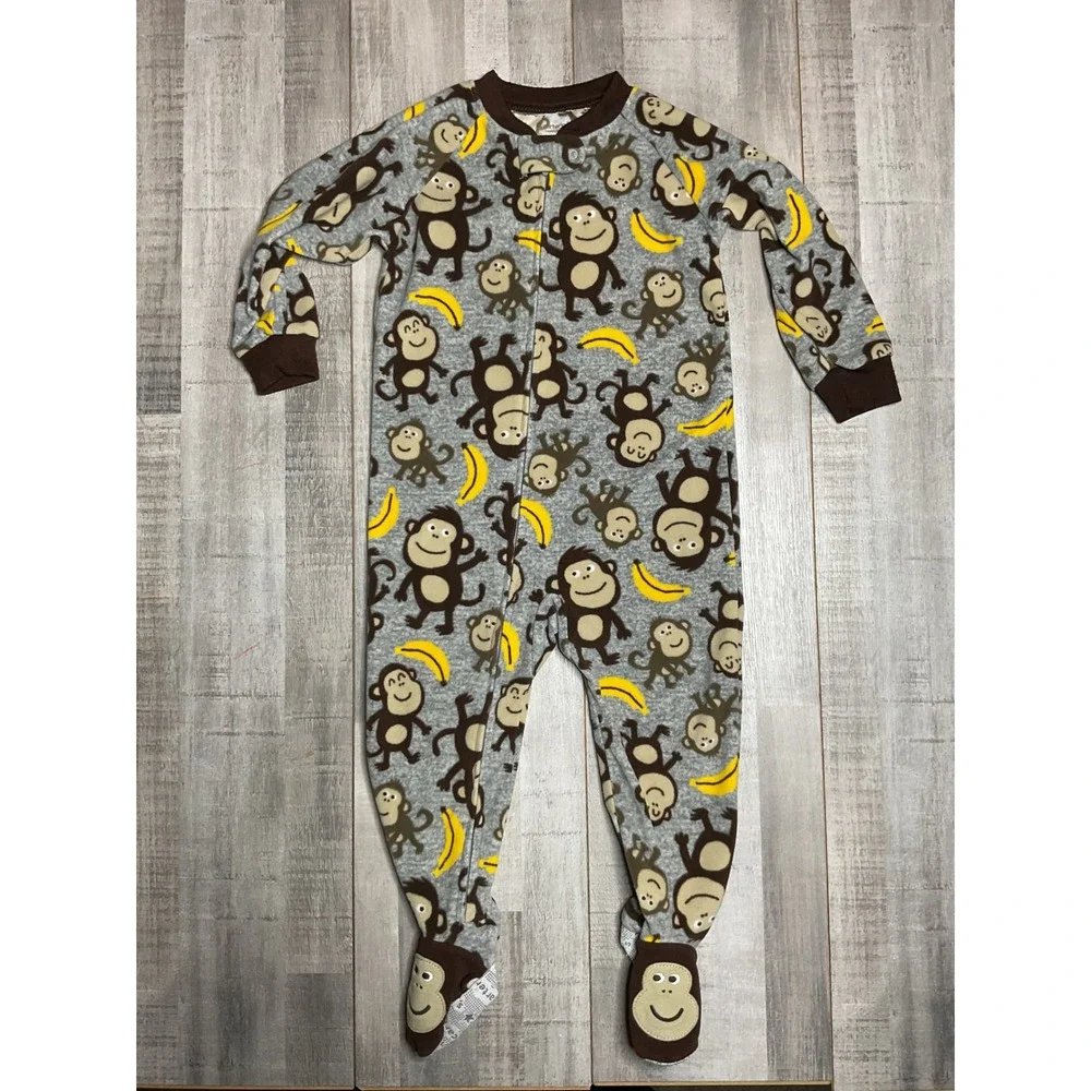 Carters 24M Monkey Banana Fleece Footed Pajamas Grey Brown Zip Up Sleeper